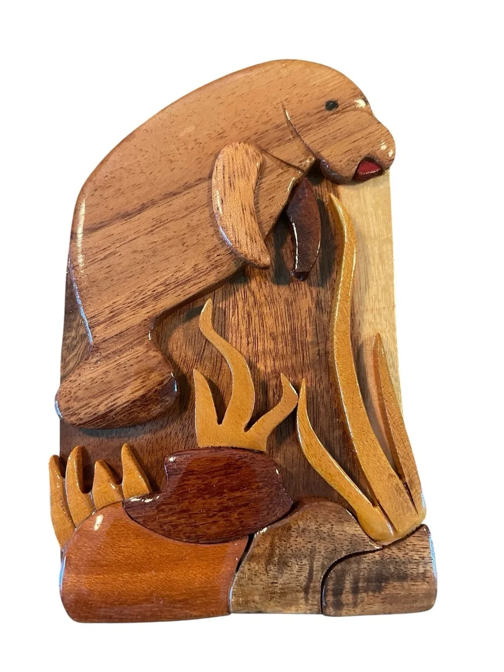Carved Wooden Manatee Puzzle Treasure Stash Box Jewelry Sea Cow